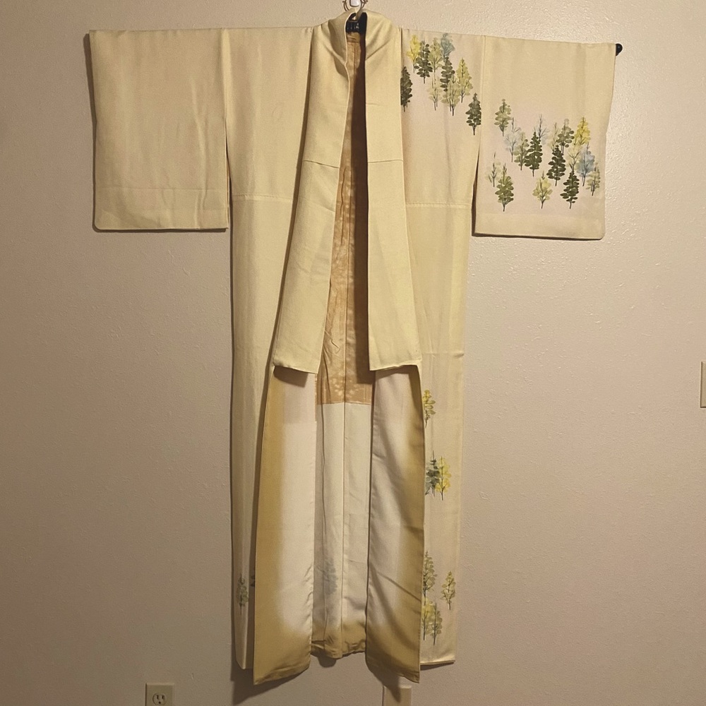 Vintage Cream Japanese Silk Kimono with Handpainted Trees